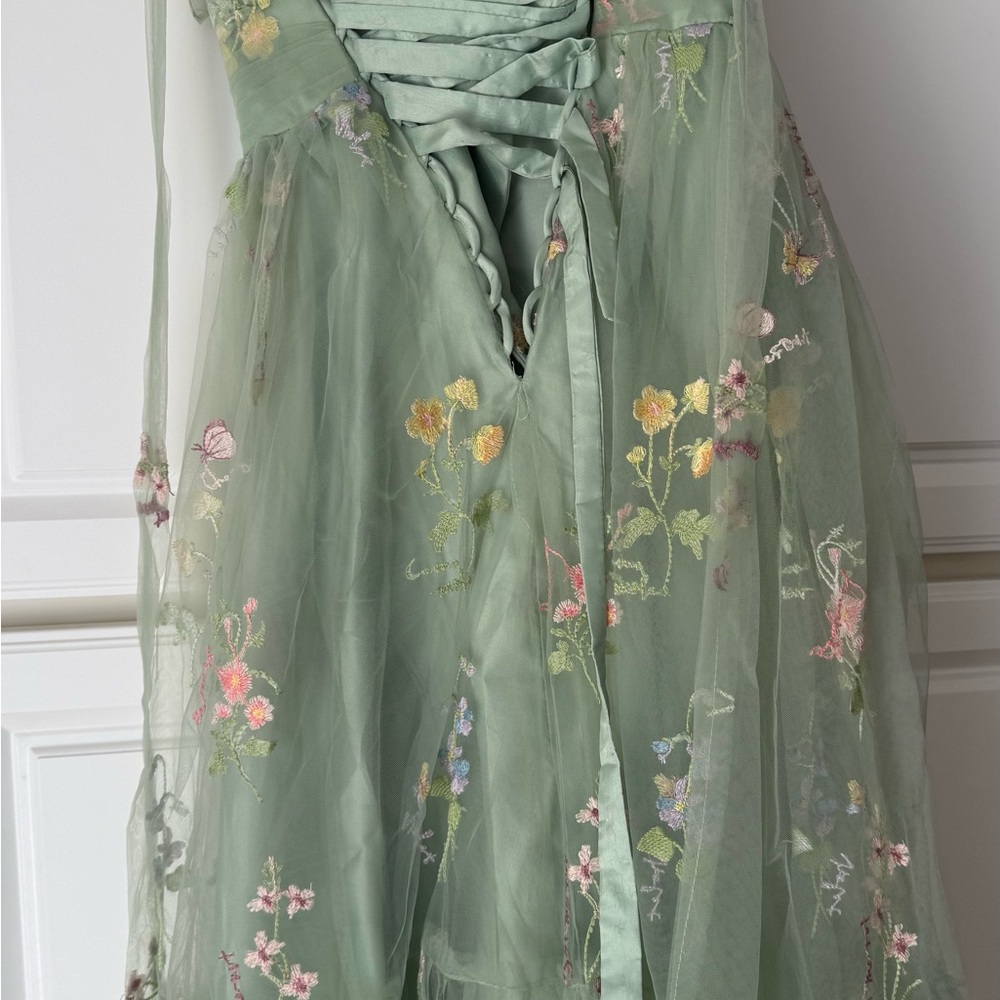 Elegant Floral Embroidered Green Dress